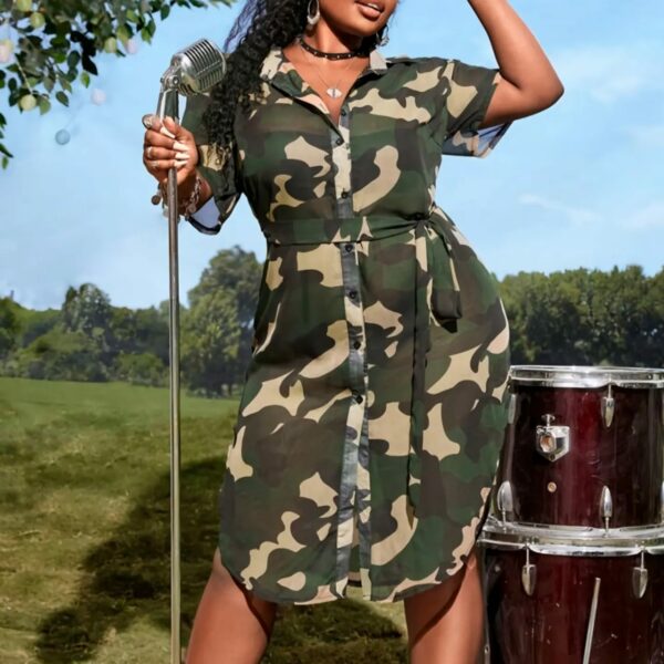 DR189 Plus Camo Print Curved Hem Belted Chiffon Shirt Dress