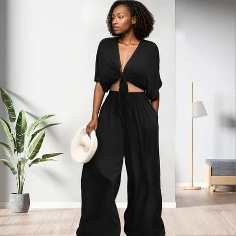 C3182 Women Wide Leg Pants Two Piece V Neck Short Sleeve Crop Top