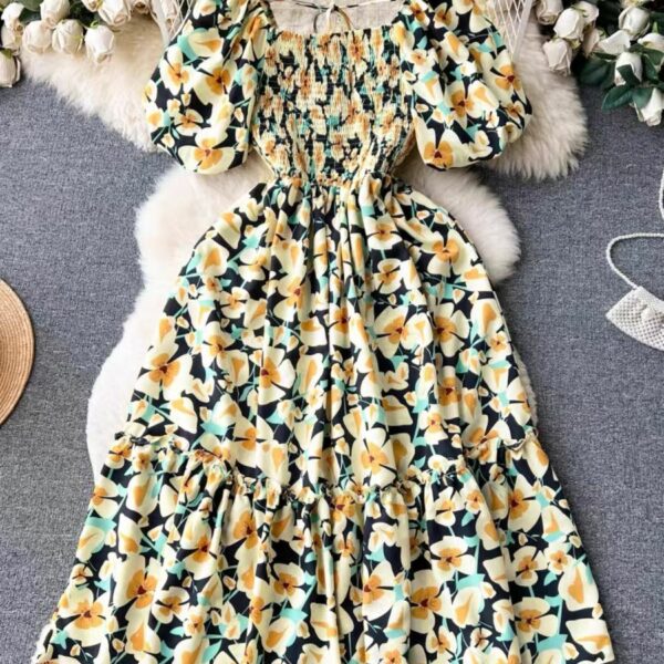 D3405# Romantic Floral Print Puff Sleeve Elegant Long Dresses