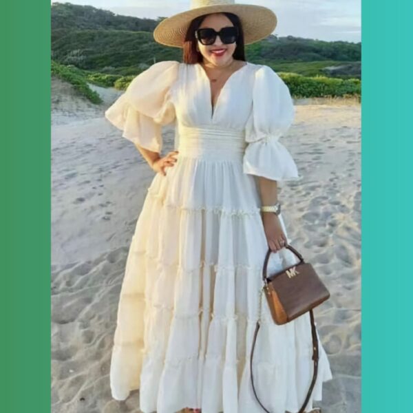 MQ-1939 Woman Elegant V-neck Long Dress Spring Casual Puff Sleeve Elastic Waist Maxi Dresses