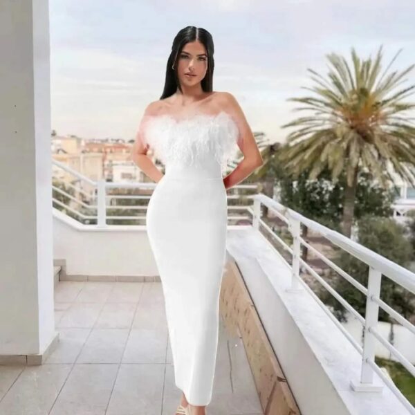 D3240# Sexy Strapless Backless Feather Women Bodycon Dress