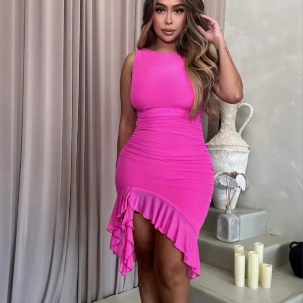 D5723 Draped Side Fringe Trim Round Neck Bodycon Knee Length Dress