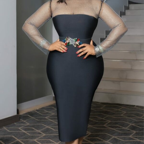 D5739 Ladies Round Neck Long Sleeve Bling Bodycon Dress