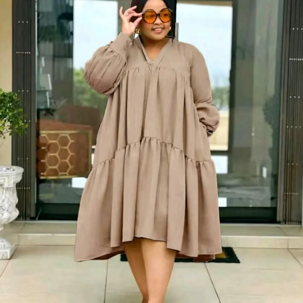D4079# Women vintage V-neck solid Ruffle Dress