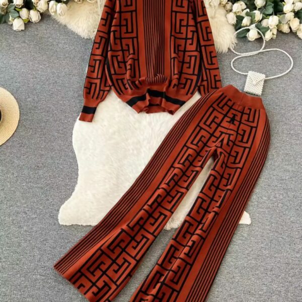 W4414# Round Neck Long Sleeve Top and Hing Waist Pant Two Piece Set