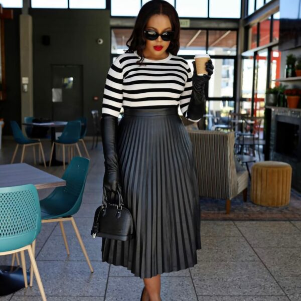 C4374# Round Neck Striped Print Long Sleeve Top and High Waist Pleated Skirt Two Piece Set