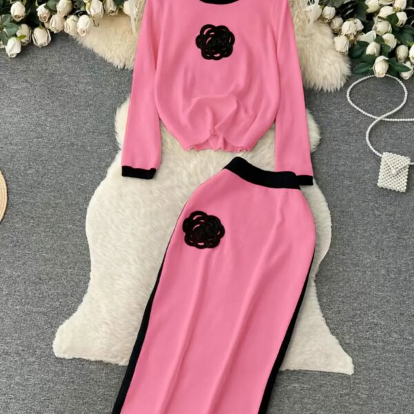 W3597# Round Neck Long Sleeve Sweater Top and Long Skirt Two Pieces Set